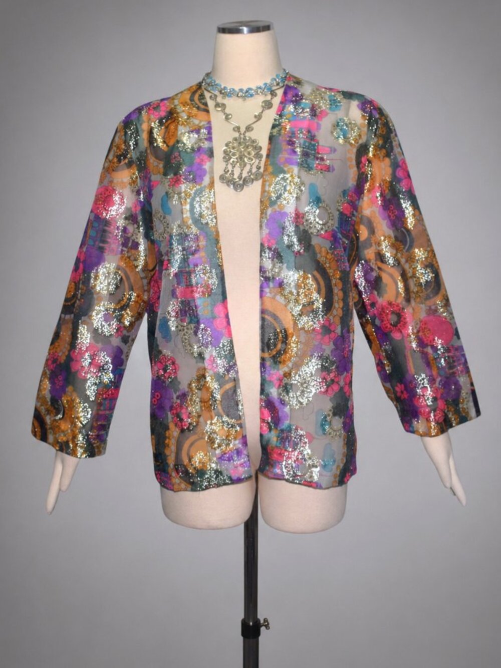 Vintage 60s 70s Sheer Organza Kimono Hostess Jacket Floral Building Print Lurex